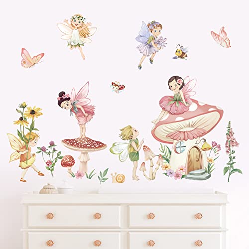 wondever Fairy Mushroom Wall Stickers Flowers Butterfly Elf Peel and Stick Wall Art Decals for Girls Bedroom Kids Room Baby Nursery - Image 2