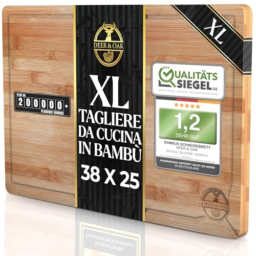 Deer & Oak Tagliere da Cucina in Bambù Premium - 38 x 25 x 2 cm, PreOliato e Trattato, Tagliere da Cucina Resistente per Carne, Verdure e Pane, Design Naturale e Duraturo