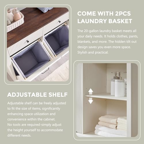 Image of IFBUY Triple Tilt Out Laundry Hamper Cabinet, Modern Fluted Trash Can Cabinet w /3 Drawers, 20 Gallon Hidden Garbage Can Cabinet w /Laundry Basket & Adjustable Shelf for Bathroom,Kitchen, Antique White