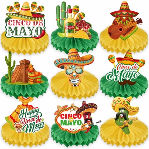 Qpout 9 Stück mexikanische Fiesta-Waben-Tischdekoration, bunte Papierfächer zum Aufhängen für Cinco DE Mayo, Taco-Bar, Tag der Toten und mexikanische Motto-Party-Dekorationen