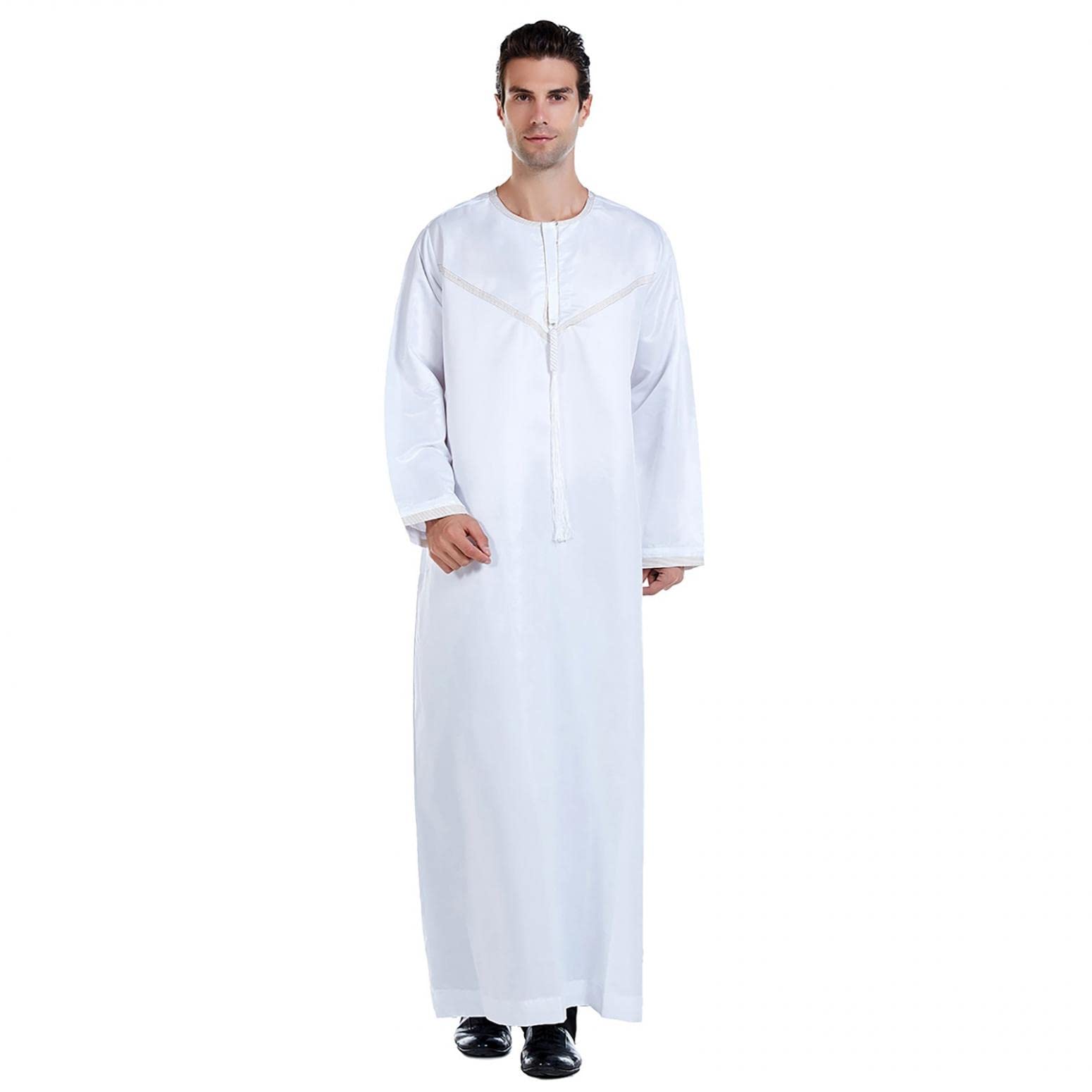 Soolike Mens Muslim Lace Stitching Maxi Robe,Islamic Clothing Farasha Solid Color Pure Colour Elegant Ramadan Robe