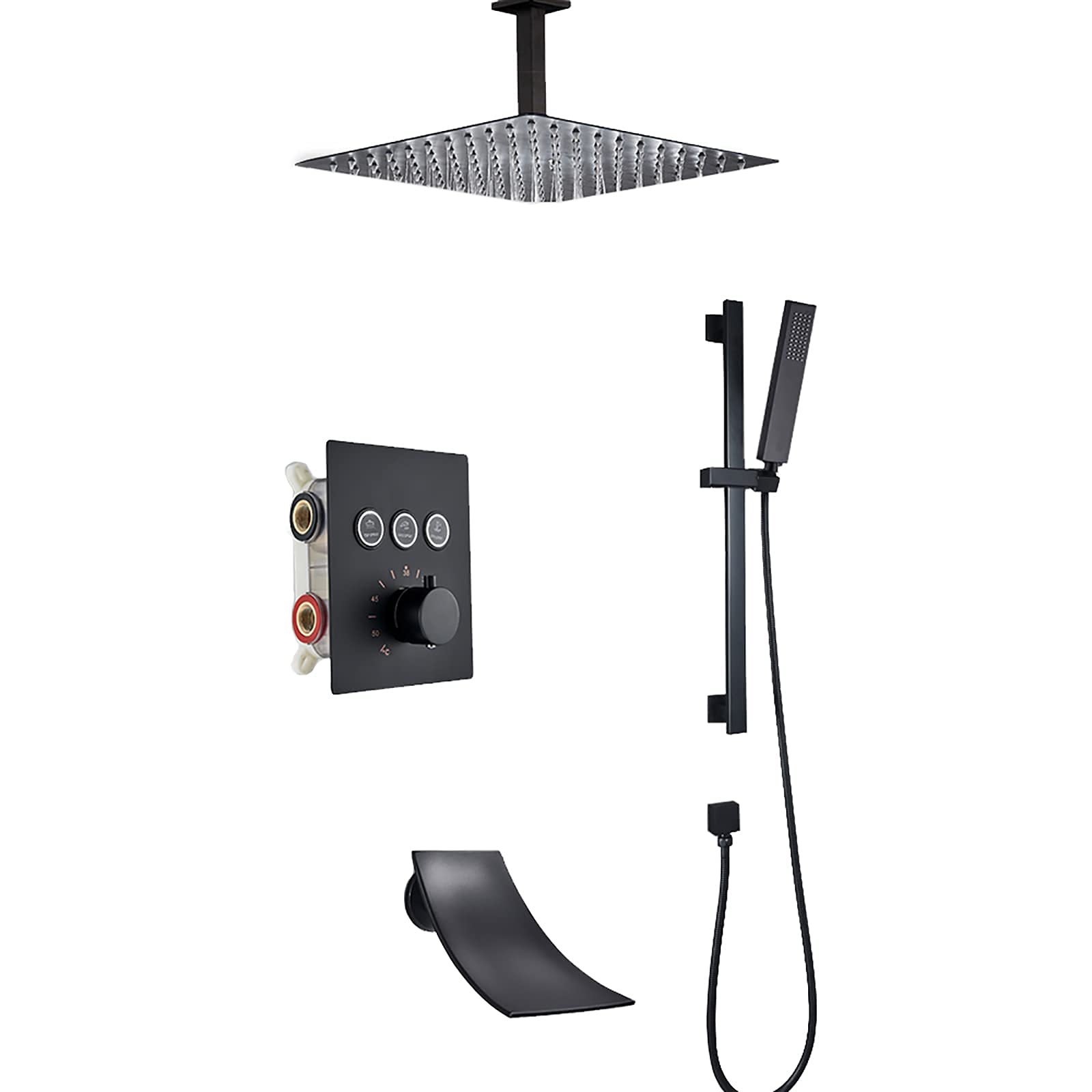 OZBMA shower set thermostatic system with tub spout black faucet ceiling mounted rainfall head handheld rain mixer combo set,12 inches