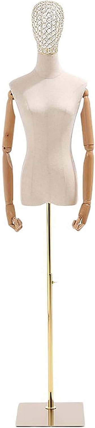 Adjustable Stand Female Form Dress Mannequin Torso Body,with Wooden Arms & Gold Metal Square Base,for Home/Shop Clothing Display,Gold Iron Wire Head2-S,Gold Iron Wire Head2,M