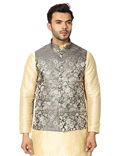 Image of Uri and MacKenzie Men's Silk Blend Regular Kurta Churidar Pyjama with Bundi Nehru Jacket /Waistcoat