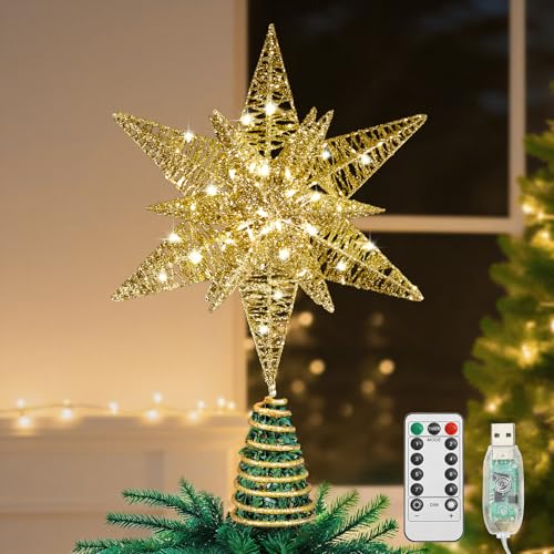 Lewondr Weihnachtsbaum Spitze Stern, 3D Sechseckig LED Lampe...