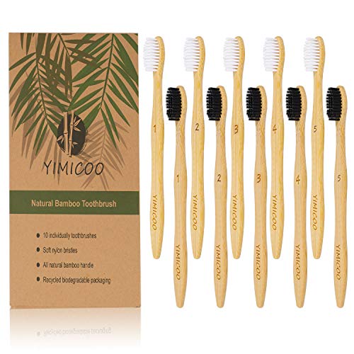 Charcoal Bamboo Toothbrush, YIMICOO Biodegradable Natural Organic Toothbrushes Eco-Friendly Soft BPA Bristles (Packs of 10, Black and White Bristles)