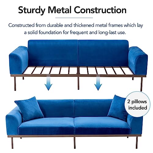 Modern Velvet Sofa With Metal Legs, 2 Seater Couch For Small Space, 2 Throw Pillows, Sofa For Bedroon, Living Room, Apartment,Blue #TOP4