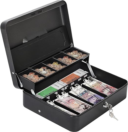 Bestow Metal Cash Box with Key Lock – 2-Level Money Tray, 9 Compartments, 30 × 24 × 9 cm Petty Cash Organizer (Black)-image-9