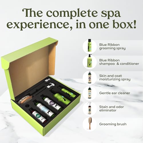 Image of Pawfume Dog Gift Basket, 6-Piece Box - Give Your Pup a Spa-Quality Coat & Odor-Free Freshness - Probiotic Deodorizer Spray, Hypoallergenic Grooming Mist & Premium Brush - Dog Gift Boxes for All Breeds