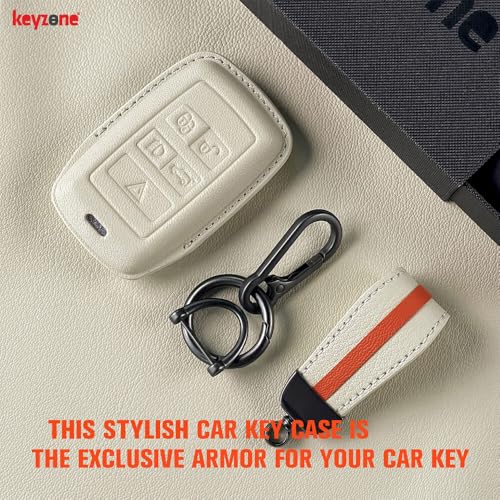 Image of Keyzone Royal Leather Key Cover for XF XJ XE F-PACE F-Type Evoque Velar Discovery LR4 Sport 5 Button smart Key (Vanilla Satin)