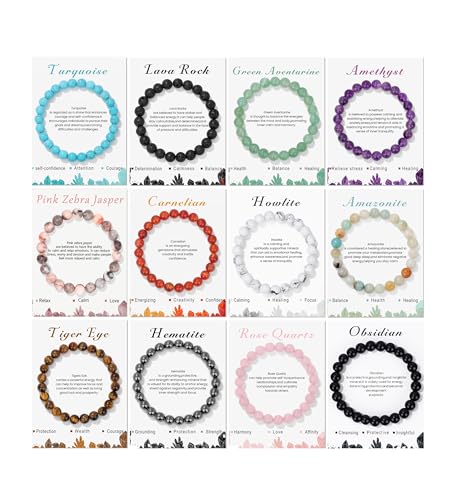 MOZAKA 12PCS Natural Crystal Bracelets for Women Men - 8mm Semi-Precious Gemstone Beaded Bracelets, Crystal Stretch Round Beads Bracelets Unisex Jewelry Gift