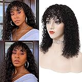 Amella Hair 10A Curly Wave Human Hair Wigs with Bangs Brazilian Virgin Curly None Lace Front Wigs Human Hair Bangs Glueless Half Machine Made Wig Natural Black Color 16 inch
