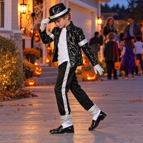 ADJSYDD Kids Dance Star Halloween Costume Boys Black Sequin 80s Pop Stage Outfits 4-5T - image 3