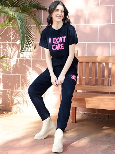 Image of ZEYO Night Suit for Womens Typography Printed Cotton Night Dress of Top and Joggers