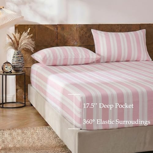 Image of Merryword 100% Cotton Sheet Set King Size - Pink Striped Bedding, Soft Breathable Percale Weave, Deep Pocket Fitted Sheet 17.5 inch, Luxury & Silky Soft Sheet Set for All Seasons