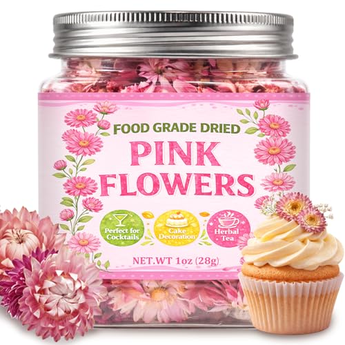 50+ Edible Dried Flowers for Cake Decorations - Food Grade Dried Pink Strawflower Blooms for Cocktail Garnish & Cupcakes Drink Toppers DIY Crafts