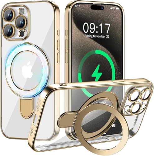 Image of Magnetic for iPhone 15 Pro Case with Invisible Stand[Compatible with MagSafe][Full Camera Lens Protector][Military Drop Protection] Shockproof Not Yellowing Clear Soft Slim for Women Men