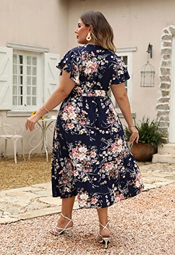 Celkuser Womens Plus Size Summer Short Sleeve V Neck Boho Casual Floral Midi Dress With Pockets Cel134(Cel134,18,Navypflo) #TOP1