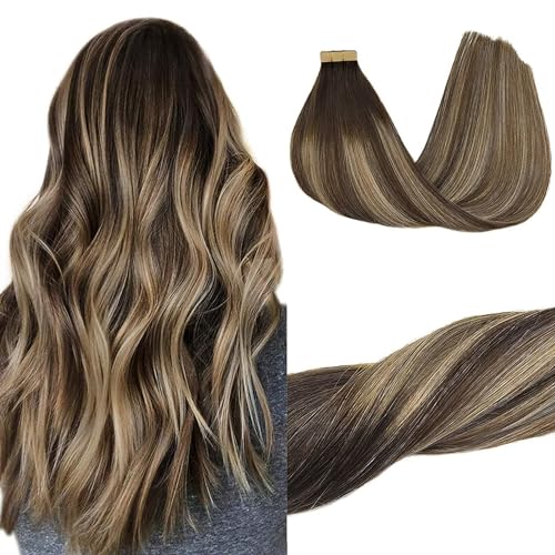 GOO GOO Tape in Hair Extensions Human Hair, 4/26/4 Balayage Chocolate Brown to Honey Blonde, 18inch 50g 20pcs, Skin Weft Seamless Invisible, Silky Straight with Thick Ends, Remy Human Hair