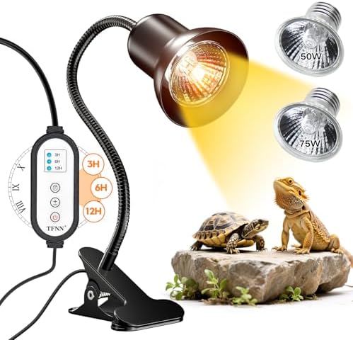 TFNN Reptile Heat Lamp, Heat Lamp with Clamp, UVA UVB Reptile Light with Intelligent Cycle Timer for Turtle, Bearded Dragon, Lizard and More, 2 Bulbs 50W+75W