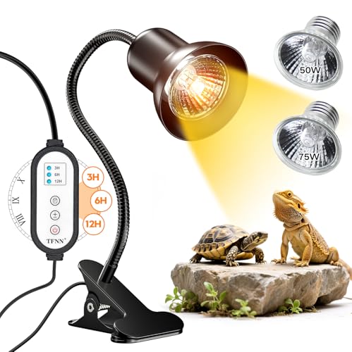 TFNN Reptile Heat Lamp, Heat Lamp with Clamp, UVA UVB Reptile Light with Intelligent Cycle Timer for Turtle, Bearded Dragon, Lizard and More, 2 Bulbs 50W+75W
