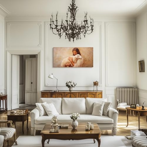 SERIMINO Jesus and Lamb Large Wall Art, Christian Art Wall Decor for Serenity Prayer, Bible Parable of the Lost Sheep Religious Art Prints, The Good Shepherd Pictures for Living Room Bedroom 24"X48"