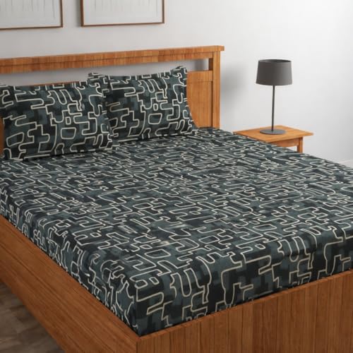 Image of Jashan Super Soft Glace Cotton Fabric 300 TC All Around Elastic Fitted Elegent Design King Size Double Bed Bedsheet with 2 Pillow Covers Fits Upto Mattress of 10 Inche,Size-72 x 78 x 10 Inche-Black