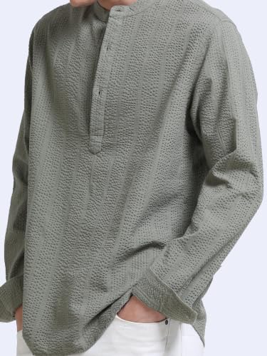 Image of StitchX Men's Seersucker Band Collar Pure Cotton Striped Kurta Shirt-S-2XL