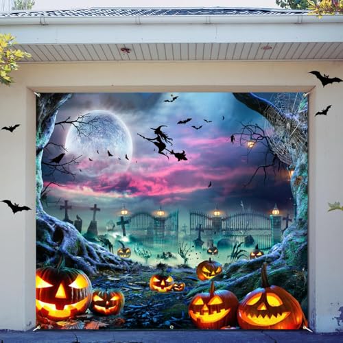 Halloween Garage Door Banner 7x8ft Full Moon Witch Pumpkin Bat Photography Background for Horrible Wall Garages Cover Indoor Outdoor Wall Door Birthday House Party Decor