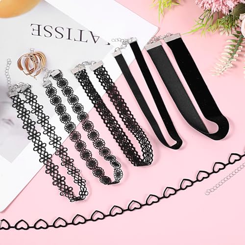XLIUAX 6 Stück Choker Kette Damen, Schwarz Velvet Choker Halskette Verstellbare Klassische Kropfband Schmuck Gothic Lace Klassische Chokers für Dancing Halloween Geburtstag Party Cosplay