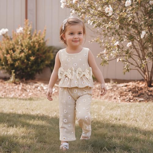 Kaipiclos Infant Baby Toddler Girl Clothes Daisy Linen Outfits Bows Shirts Long Pants 6 12 18 24 Months 3T 4T Girls Clothing2