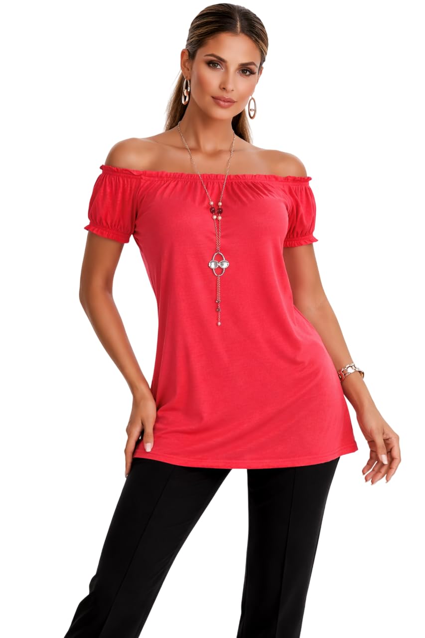 Eye Catch Women’s Bardot Off Shoulder Boho Tunic Top – Longline Relaxed A-Line Fit, One Size UK 10–14 Coral
