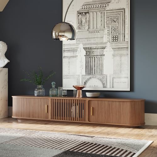 POVISON Fully-Assembled Mid-Century Modern Tambour Door TV Stand, Wood TV Console, Entertainment Center with Storage for 85+ inch TV, Media Console for Living Room
