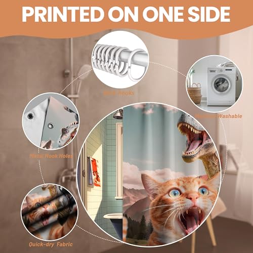 Image of Extra Tall Shower Curtain XL Cool Cat Dinosaur, 70 x 84 Inchs | for Extra Long 84 Inchs Shower, Fun Monkey Novelty Design, Large Bathroom Decor Sets Waterproof Cloth Fabric, with Hooks
