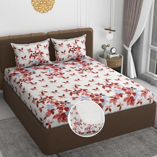 Image of 380 TC Premium Glace Cotton Elastic Fitted Bedsheet King Size with 2 Pillow Covers King Size | Double Bed with All Around Elastic (White Red, Fitted - 72 inchx78 inch King)