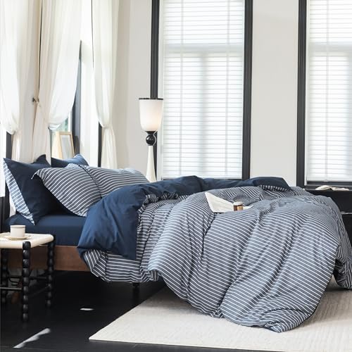 Warm Moment Reversible Duvet Cover Set 100% Washed Cotton Blue Stripe Linen Feel Duvet Cover Queen Size with Zipper Closure & 2 Pillow Shams Navy/White Stripe Reverse Solid Navy
