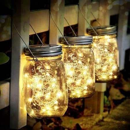 20 LEDs Hanging Solar Light Outdoor Solar Mason Jar Lid Fairy String Lights for Patio, Garden, Yard and Lawn (Pack of 2, Warm Yellow Light)(Glass)