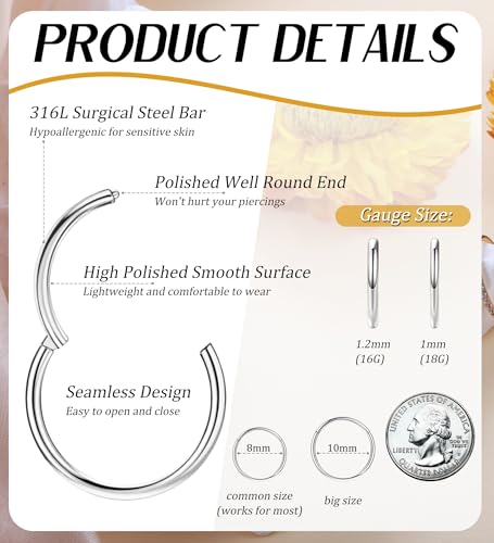 3pcs Nose Rings Hoops - 316L Surgical Steel Hinged Nose Hoops 16G/18G/20G CZ Clicker Septum Nose Ring Lip Helix Cartilage Hoop Earring Daith Rook Conch Body Piercing Jewelry for Women Men 8mm 10mm2