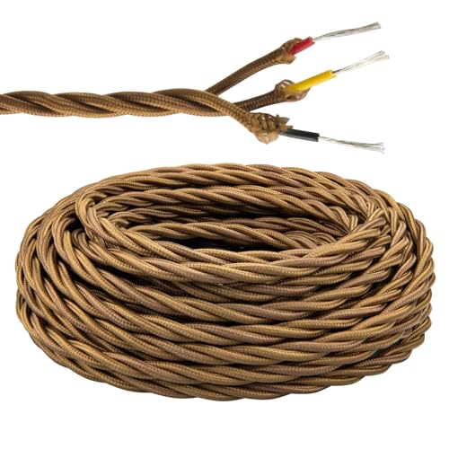 Urcianow 10M Filo Elettrico Intrecciato Amarcord Vintage 3 Fili 3x0,75mm² Cavo Elettrico Corda Canapa Retrò per Lampade da Terra Lampadari Sospesi e Progetti Fai da Te Colore Marrone con Messa a Terra