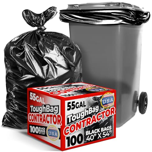 Image of ToughBag 55-60 Gallon Trash Bags (100 Count) - 40' x 54' Extra Large Garbage Bags Medium Duty, Industrial & Commercial Black Trash Bags - Made in USA
