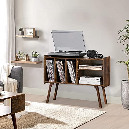 Lerliuo Record Player Stand With 4 Cabinet Holds Up To 220 Albums, Large Turntable Stand With Beech Wood Legs, Mid-Century Record Player Table,Brown Vinyl Holder Storage Shelf For Bedroom Living Room #TOP7