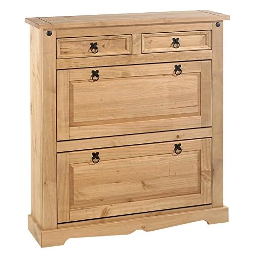 IDIMEX Meuble à Chaussures Tequila Style Mexicain Armoire avec 2 abattants et 2 tiroirs Rangement pour 16 Paires en pin Massif Finition teintée/cirée