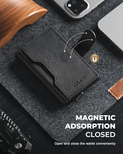 Image of VULKIT Slim Bifold Pop up Wallet Minimalist Leather Card Holder RFID Blocking Metal Card Case with ID Window for Women | with Leather Slots