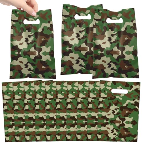 Lcnjscgo 50 PCS Camo Party Gift Bags, Camouflage Military Party Favors Bags Waterproof Plastic Goodie Bags for Army Birthday Party Decorations Supplies Gifts for Kids Boy Girl Baby Shower
