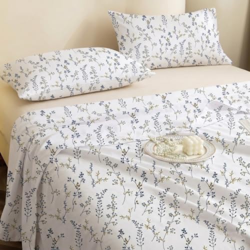 Image of IVAZA 240 TC Soft Ezyption Cotton Floral Print King Size Bedsheet - with 2 Pillow Covers, Hypoallergenic, Brethable, (Size- 90 x 90 Inch) Denim Blue
