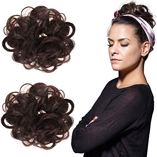 XIDAJIE 2 Pieces Hair Bun Extensions Messy Curly Hair Scrunchies Curly Wavy Scrunchy Updo Bun Extensions for Women and Girls, Dark Brown