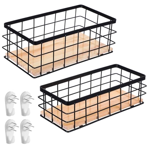 hidyuuoo 2 Pack Black Metal Wire Storage Baskets with Wood Bottoms, Bathroom Storage Organizer...