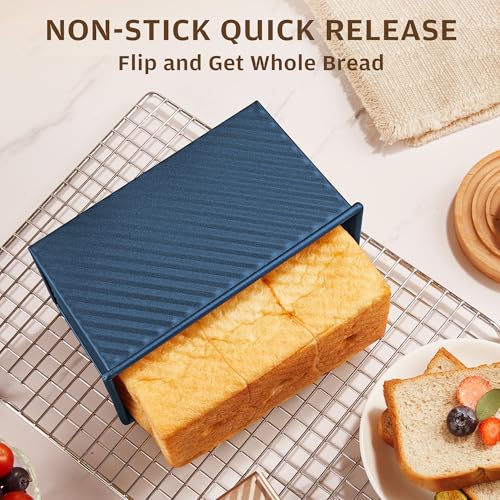 Image of KITESSENSU Pullman Loaf Pan with Lid, 1 lb Dough Capacity Non-Stick Bakeware for Baking Bread, Carbon Steel Corrugated Bread Toast Box Mold with Cover,Blue | Nonstick Carbon Steel Japanese Milk Bread Loaf Pan, Square Toast Mold for Sandwich Bread, Sourdough Loaves & Homemade Bread