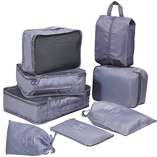 アレンジケース トラベルポーチ 8点セット 化粧品 靴 下着収納 圧縮バック 衣類収納バッグ 軽量 防 水 大容量 出張旅行用 バック (灰色)