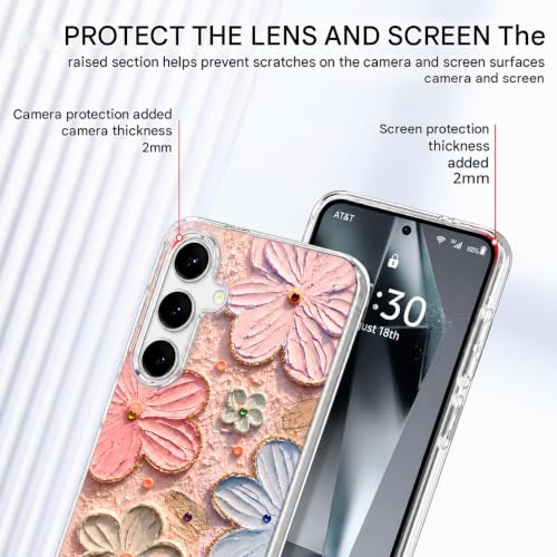 Image of Elzzi Compatible with Samsung S26 Case Laser Flower Oil Painting Cute Colorful Blue Ray Bumper with Full Camera Protection Shockproof PC+TPU Glossy Shiny Cover for Girls Women, Pink
